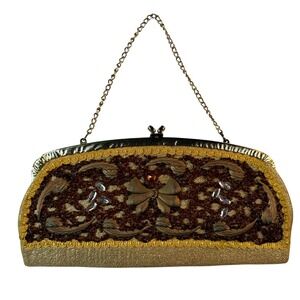 Vintage 1960s Gold Beaded Clutch Cadoro Houston Texas Evening Bag Floral Retro